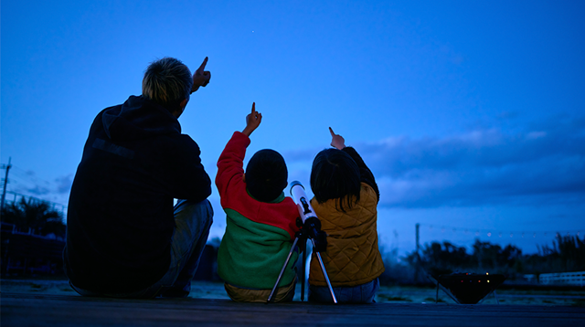 A father and his two children with their backs to the camera, a telescope between, looking and pointing up at the night sky